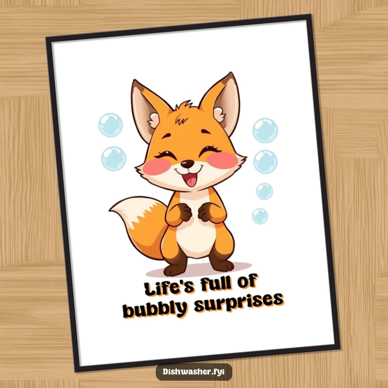 Funny Free Printable Wall Art: A mischievous fox character is joyfully juggling multiple shimmering soap bubbles, a playful downloadable decor piece.