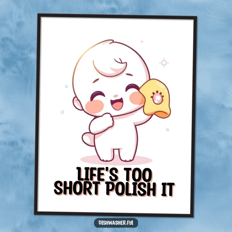 Funny Free Printable Wall Art: Delighted character meticulously polishing a glass, radiating joy and cleanliness.