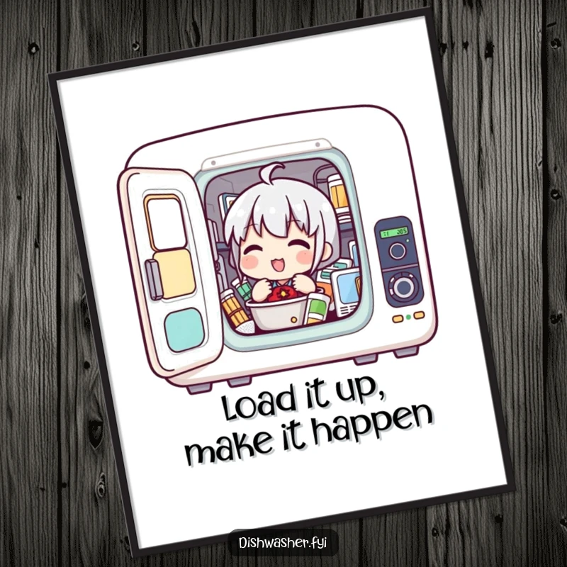 Funny Free Printable Wall Art: Character enthusiastically loading items into a compact appliance chamber, full of purpose.