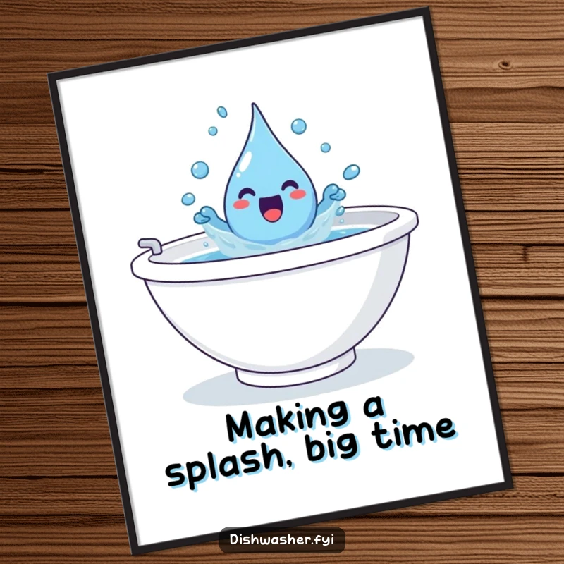 Funny Free Printable Wall Art: A playful water droplet gleefully splashing in a giant sink, a cheerful and wet scene.