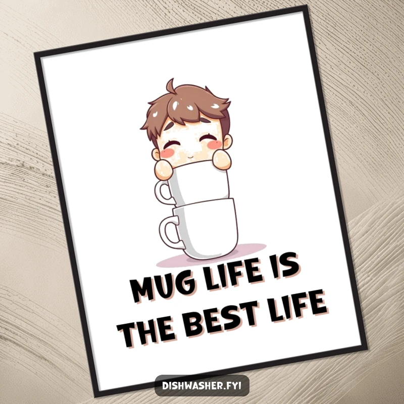 Funny Free Printable Wall Art: Determined character meticulously stacking clean mugs, a whimsical and humorous decorative piece.