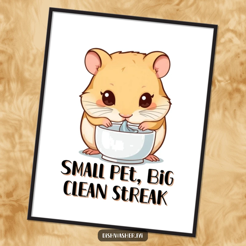 Funny Free Printable Wall Art: A hamster intensely drying a small bowl, showcasing a comical dedication to cleanliness and order.