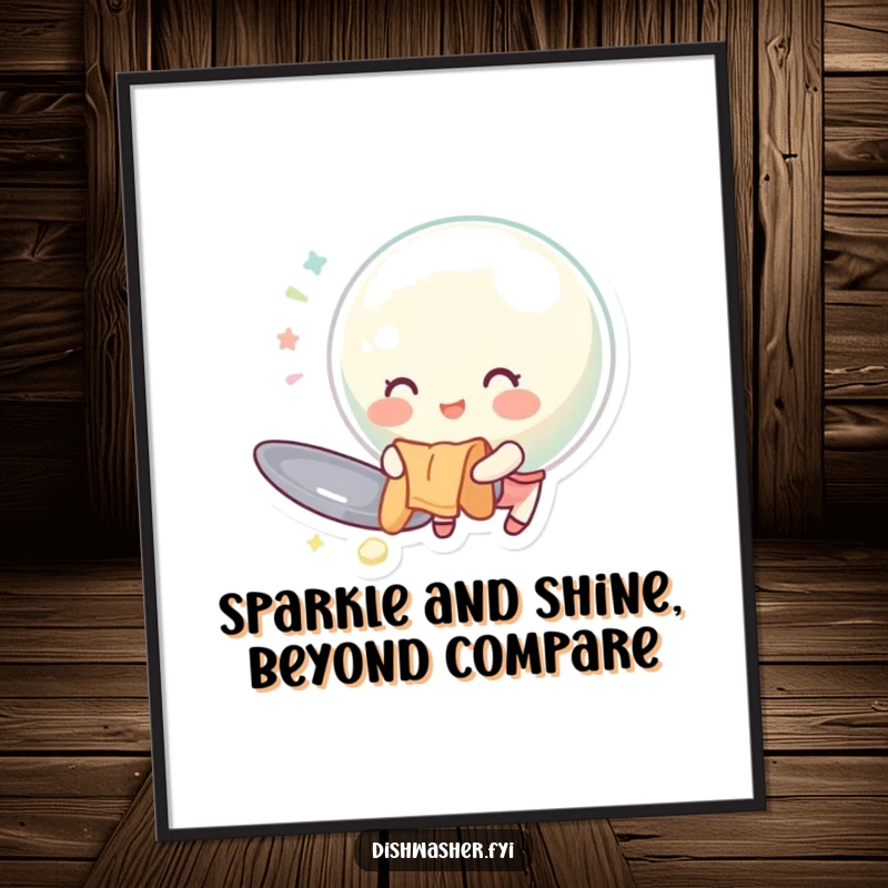 Funny Free Printable Wall Art: A cheerful bubble happily polishing a huge spoon with a cloth, whimsical and clean.