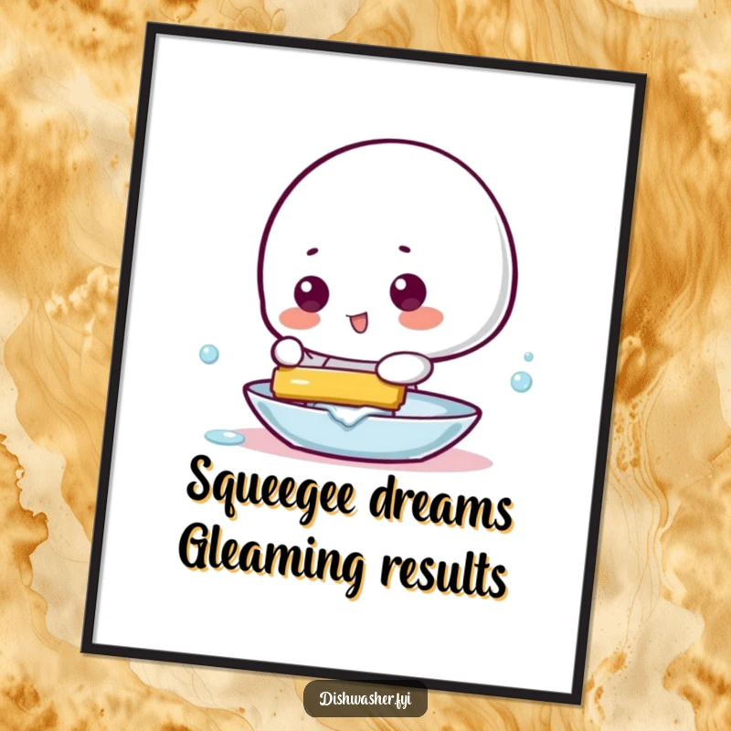 Funny Free Printable Wall Art: Playful character using a squeegee to make a dish gleam, a quirky DIY decor.