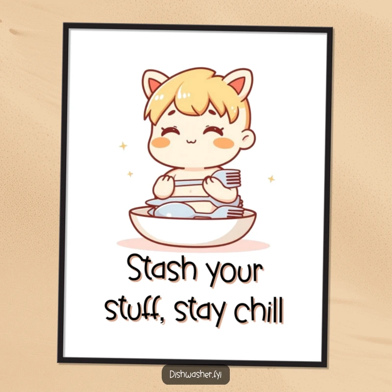 Funny free printable wall art of a character contentedly humming while meticulously stacking shiny, clean cutlery.