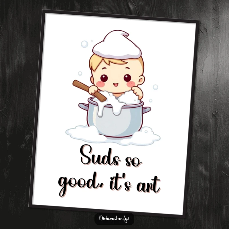 Funny Free Printable Wall Art of a cute character enthusiastically scrubbing a massive pot with lots of bubbles.