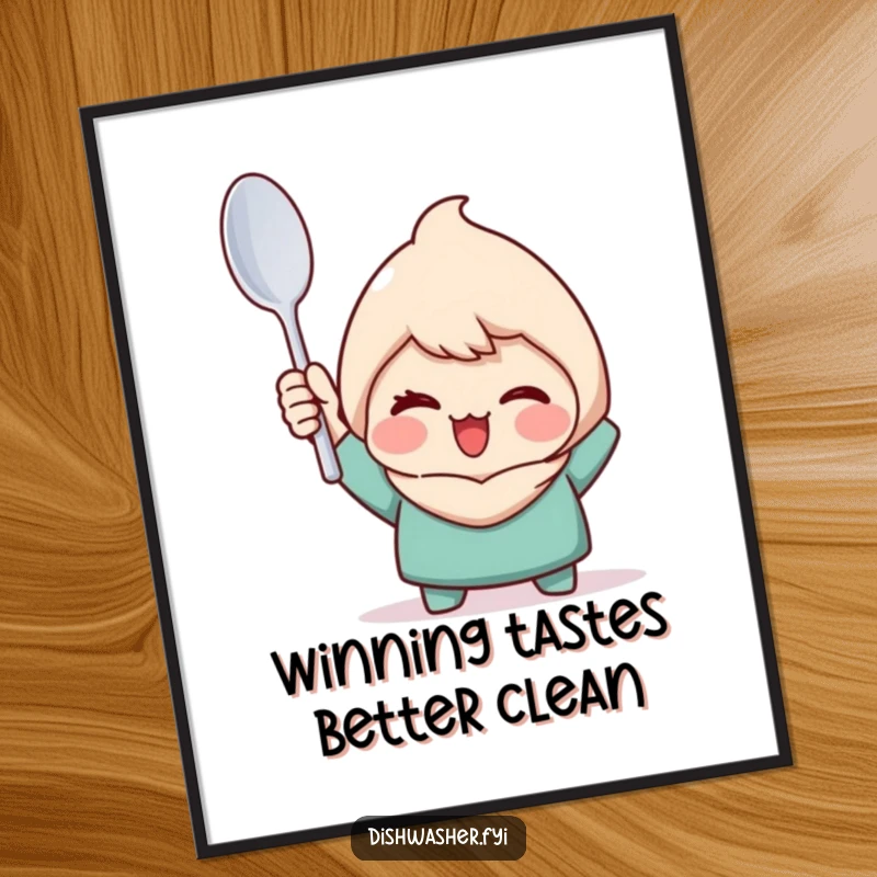 Funny Free Printable Wall Art: Character triumphantly winking, holding a perfectly clean spoon, a symbol of perfection.