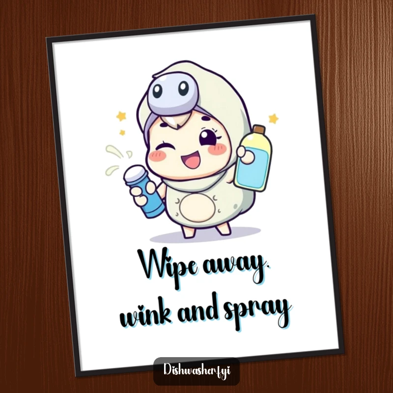 Funny free printable wall art of a happy character energetically spraying cleaning liquid with a wink, adding a clean, humorous touch.