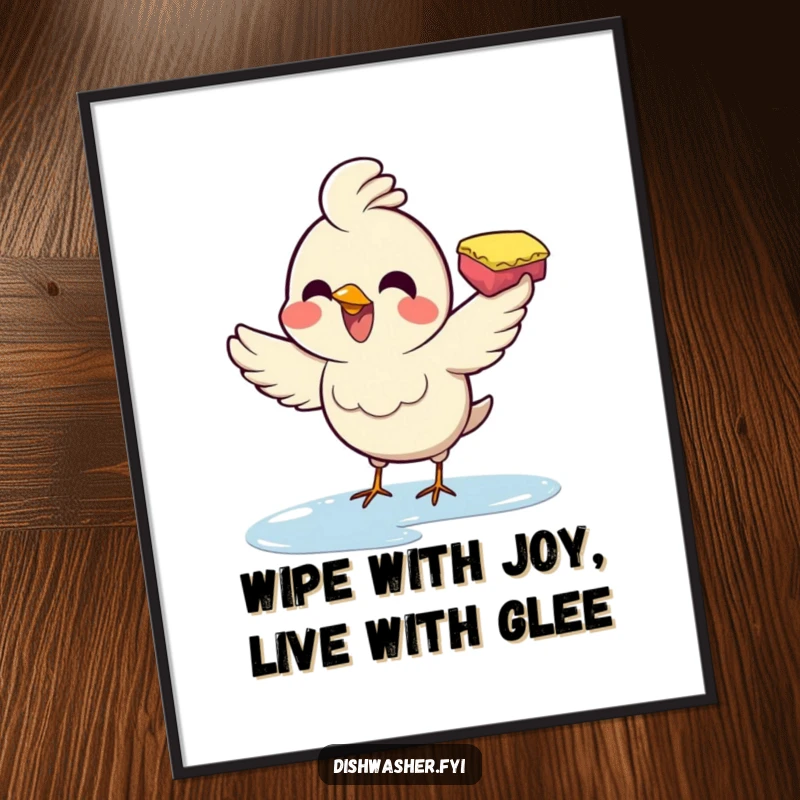 Funny Free Printable Wall Art: A bird enthusiastically wiping a surface with a sponge, a lively and downloadable art piece.