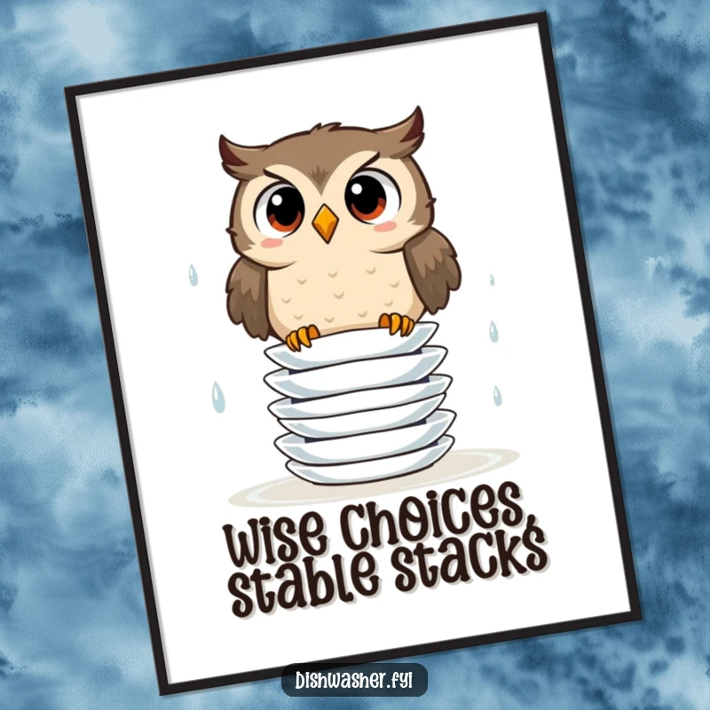 Humorous Free Printable Wall Art depicting a wide-eyed owl in the midst of a precarious attempt to stack wet, slippery plates, looking surprised.