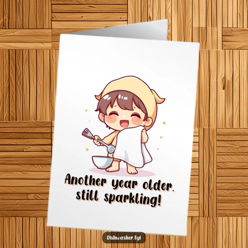 Funny Free Printable Birthday Card: Cheerful character beaming while drying dishes, a fluffy towel in hand, ready to party.