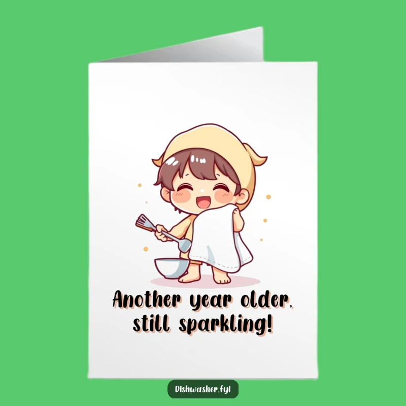 Free Printable Birthday Card: Cheerful Dish Drying Character Funny Downloadable Gift