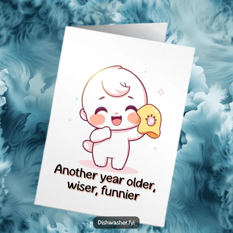 Funny Free Printable Birthday Card: Delighted character gleefully polishing a glass, wishing a sparkling celebration.