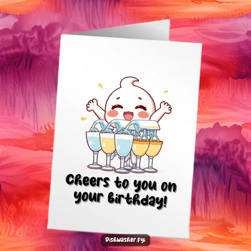 Funny Free Printable Birthday Card: Delighted character energetically rinsing a stack of glasses, making them sparkle for the celebration.