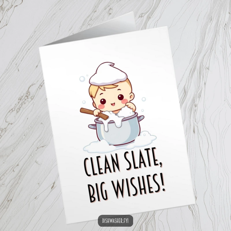 Funny Free Printable Birthday Card featuring a cute character scrubbing a huge pot with enthusiasm and bubbly soap.