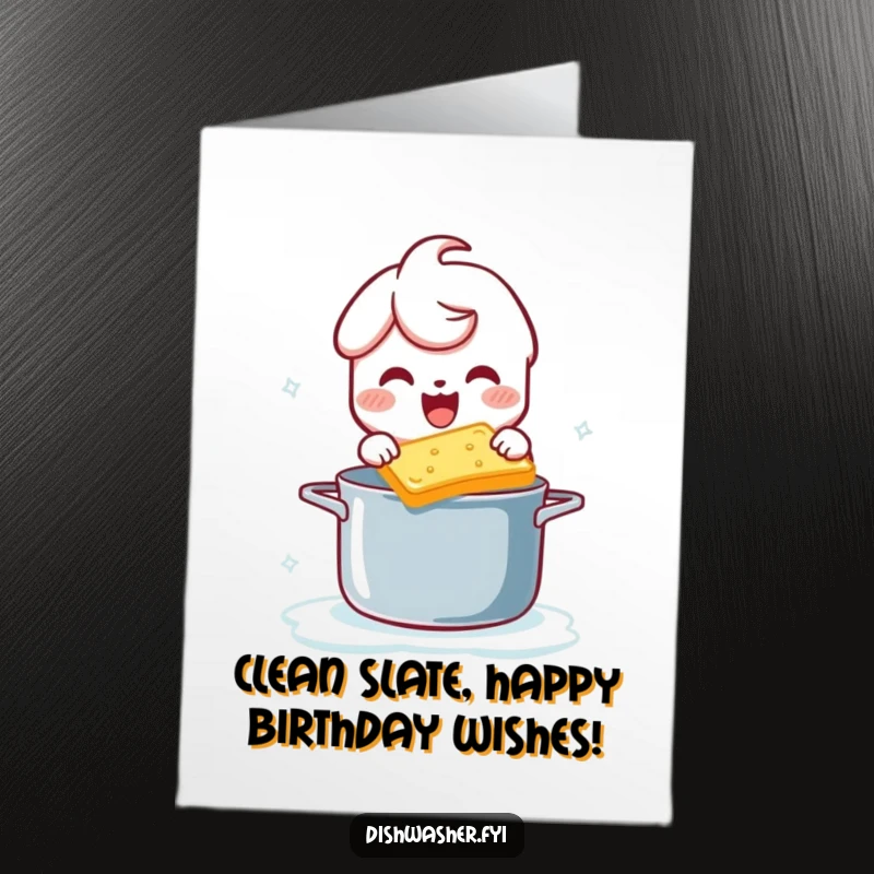 Funny Free Printable Birthday Card: A character joyfully scrubs a pot with a bubbly sponge, ready for a clean celebration.
