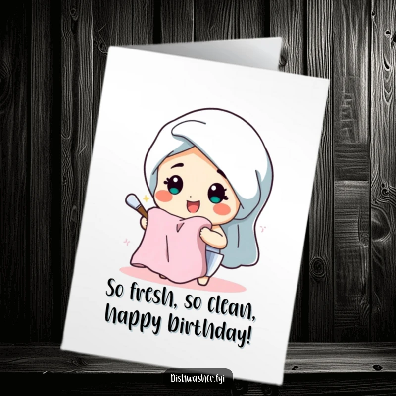 Funny Free Printable Birthday Card featuring a beaming character joyfully drying dishes with a fluffy towel.