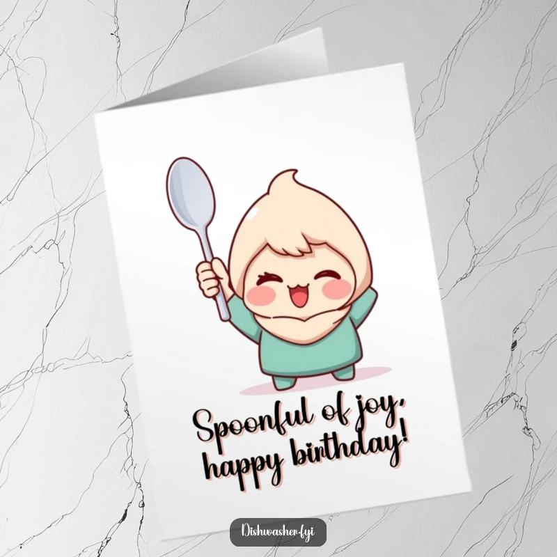 Funny Free Printable Birthday Card: Character triumphantly winking while holding up a perfectly clean spoon.