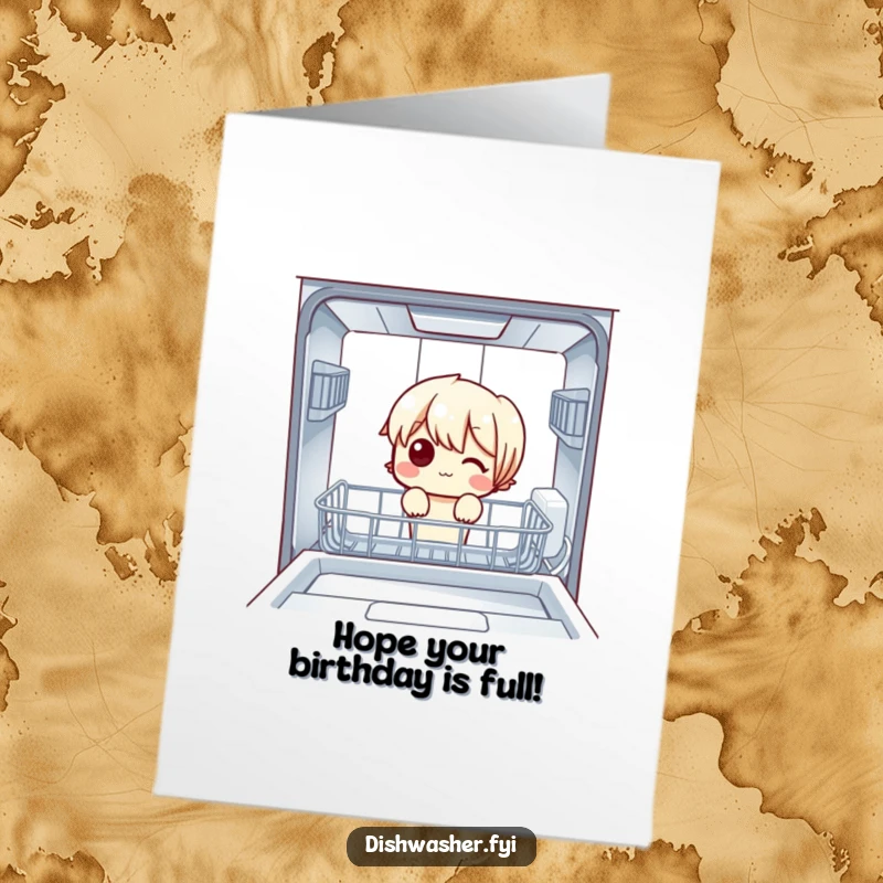 Funny free printable birthday card featuring a curious character peeking into an empty dishwasher, wondering where the clean dishes went.