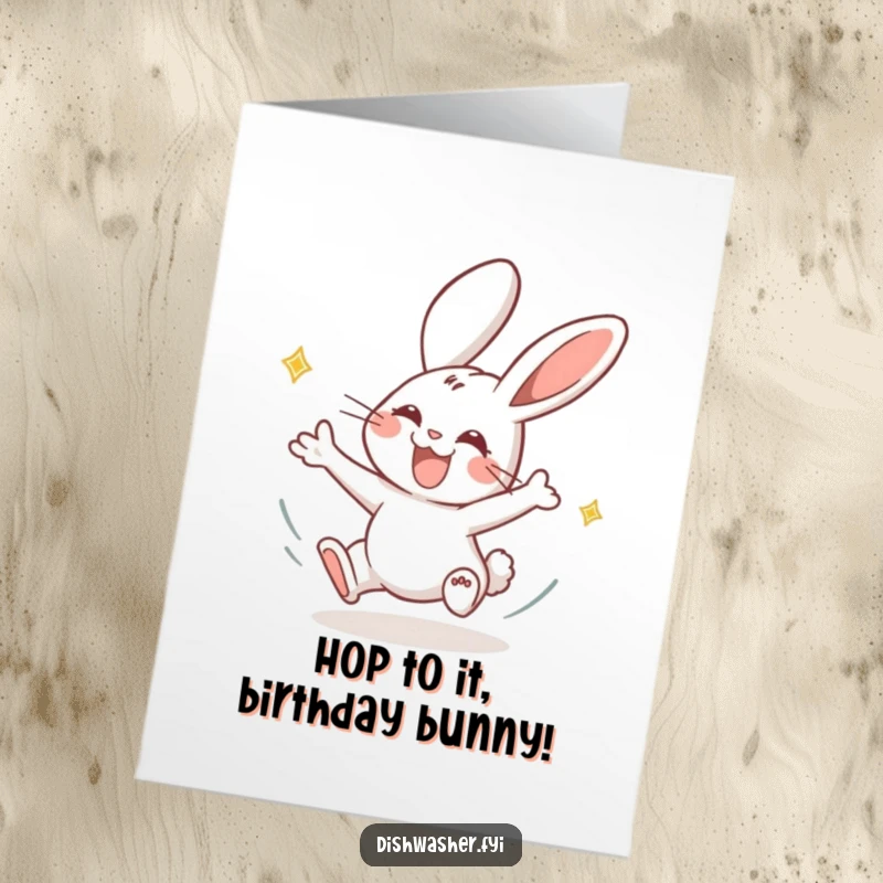 Funny free printable birthday card featuring a joyous rabbit character swiftly and energetically drying plates with a smile.