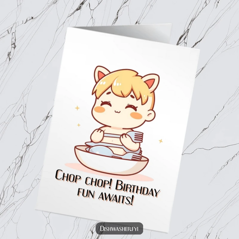 Funny free printable birthday card showing a content character humming while neatly stacking clean cutlery.