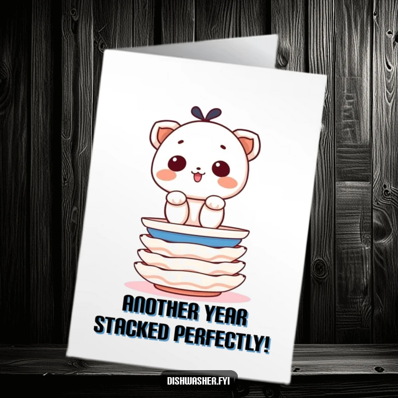 Funny Free Printable Birthday Card: A character determinedly stacks clean plates with cheerful precision, celebrating your special day.