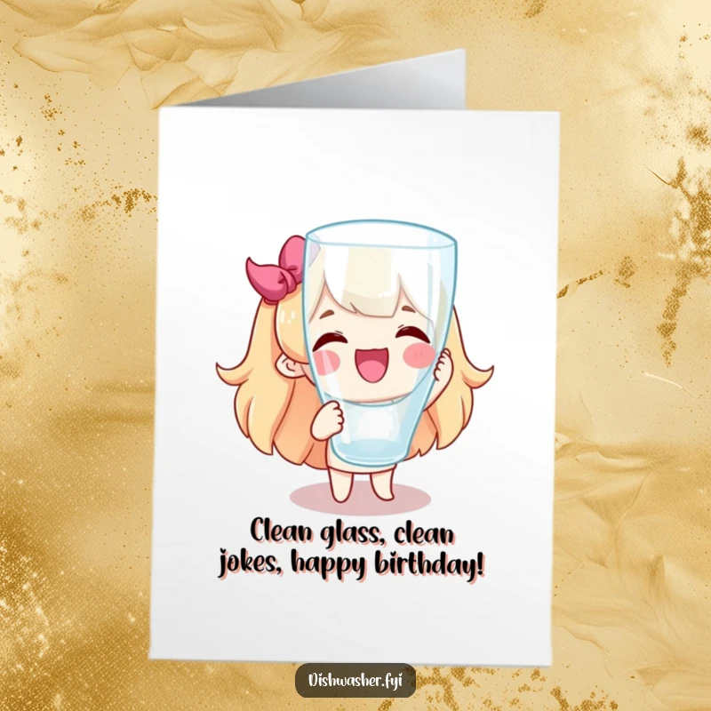 Funny free printable birthday card featuring a joyful character presenting a sparkling clean glass with pride.