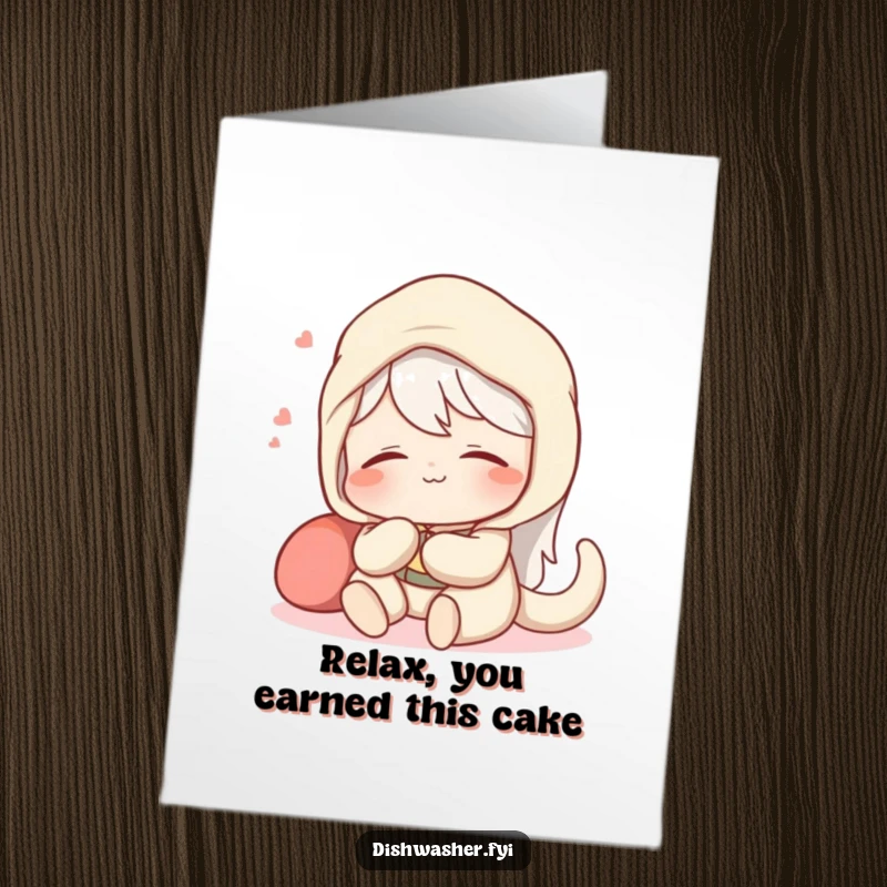 Funny Free Printable Birthday Card: Content character relaxing with a satisfied sigh after a spotless job, a peaceful DIY gift.