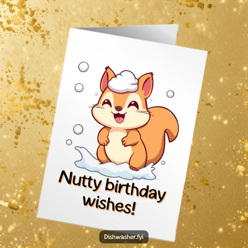 Funny free printable birthday card featuring a playful squirrel character gleefully chasing away soap suds with a mischievous grin.