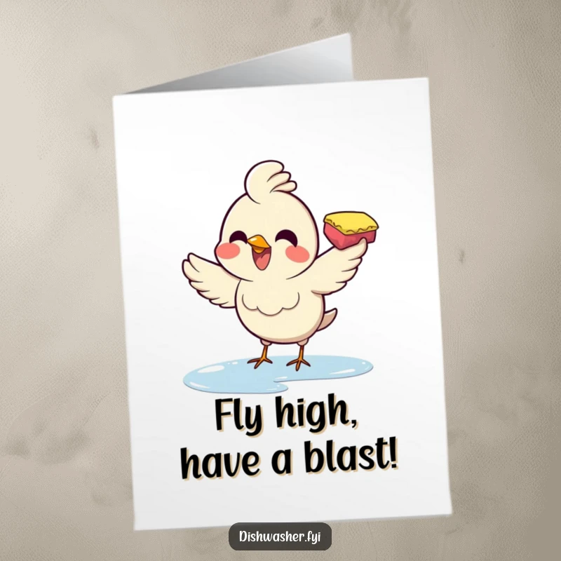 Funny Free Printable Birthday Card: A joyful bird enthusiastically wiping a surface with a sponge, a funny downloadable gift.