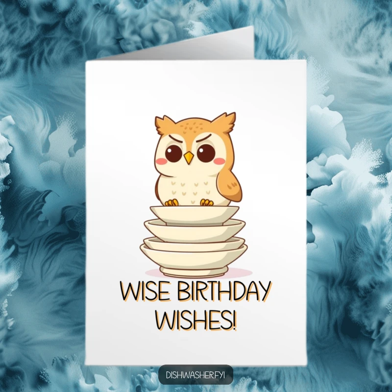 Funny free printable birthday card featuring a determined owl character carefully stacking clean plates with a focused, wise expression.