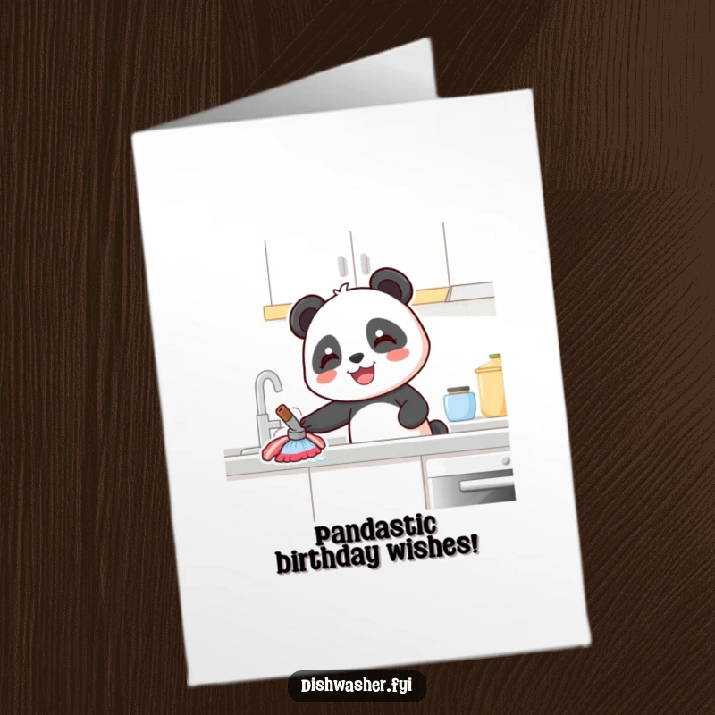Funny Free Printable Birthday Card: A joyful panda happily wipes a kitchen counter, ready to celebrate with laughter.