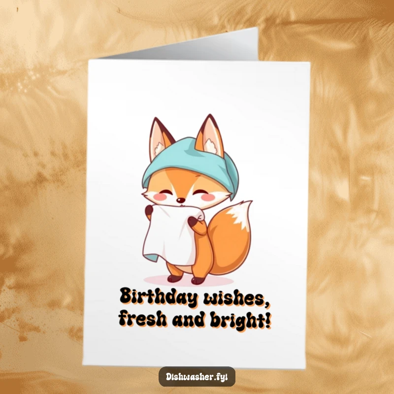 Funny Free Printable Birthday Card: Sly fox gleefully unfurling a pristine white kitchen towel, ready for a clean celebration.