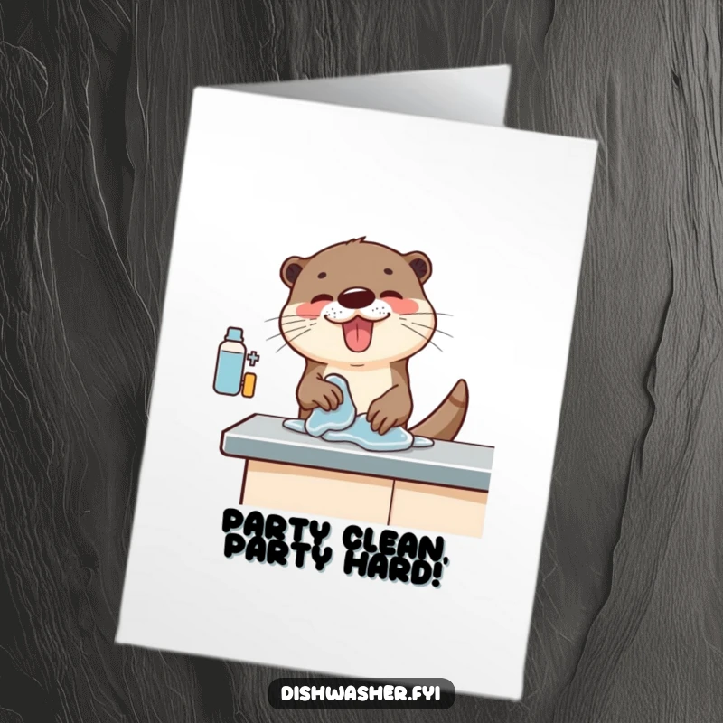 Funny Free Printable Birthday Card: An excited otter enthusiastically scrubbing a counter top, celebrating a clean and happy birthday.