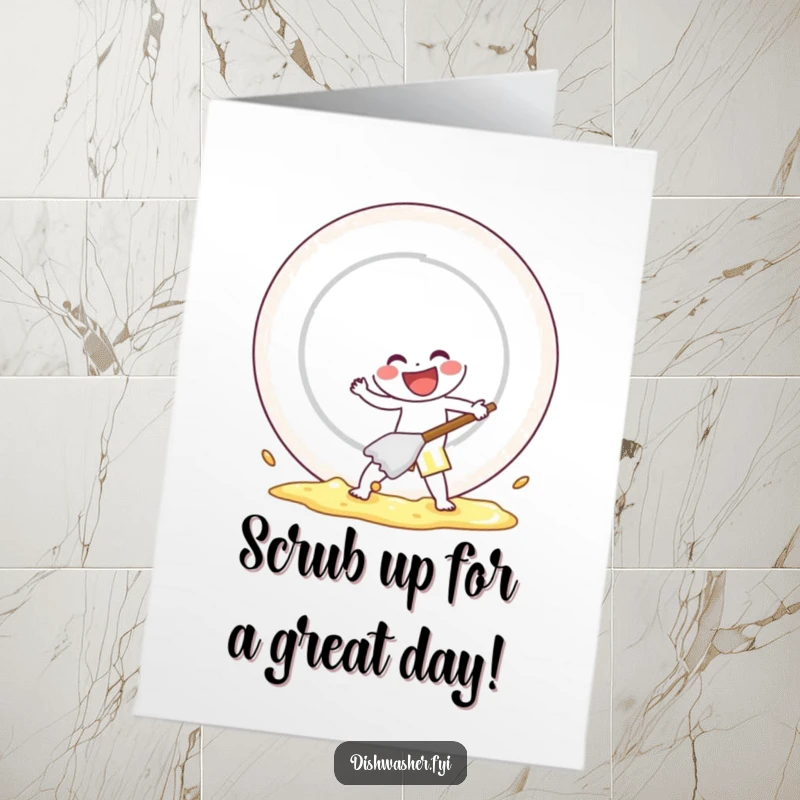 Funny Free Printable character scrubbing a giant plate with gusto, a unique DIY birthday card.
