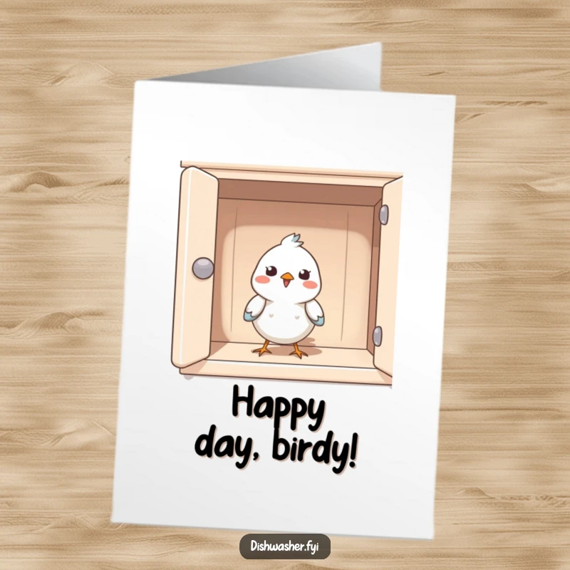 Funny Free Printable Birthday Card: A happy bird peeking out from a spotless, organized cupboard, celebrating a delightful occasion.