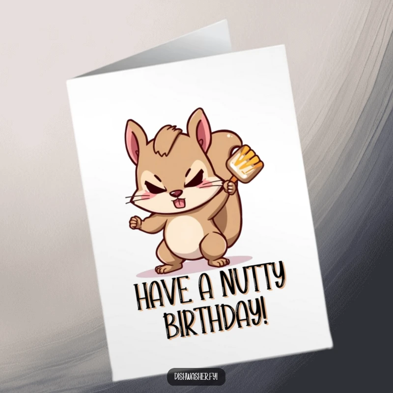 Funny free printable birthday card featuring a determined squirrel character vigorously scrubbing a stubborn spot with gusto.