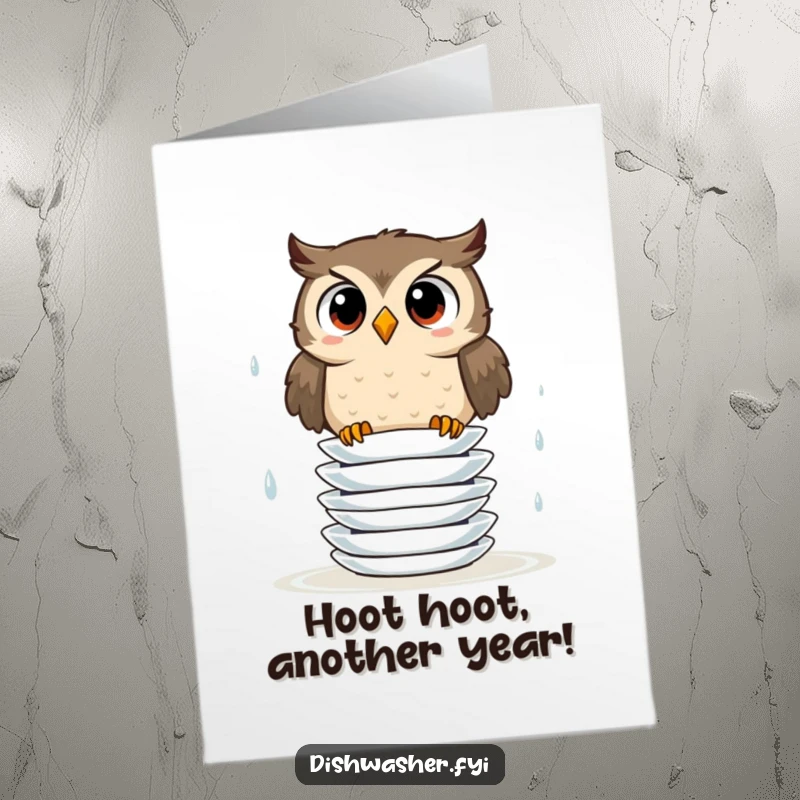 Funny Free Printable Birthday Card shows a wide-eyed owl struggling to stack slippery wet plates, looking comically perplexed and unbalanced.