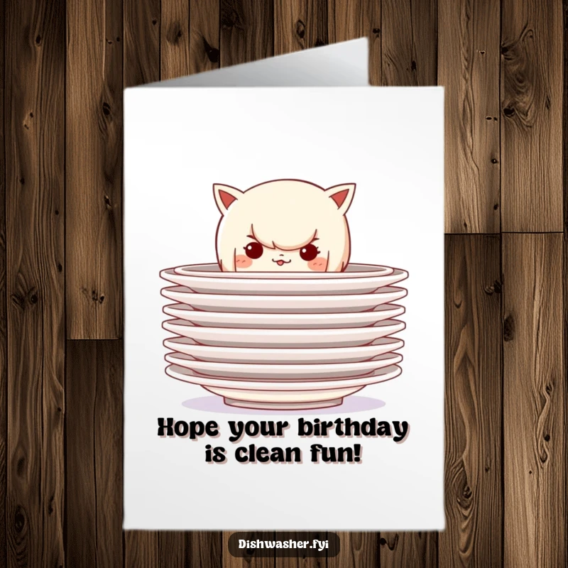 Funny Free Printable Birthday Card: A mischievous character peeks from behind clean plates, ready for birthday fun.