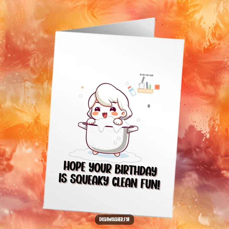 Funny Free Printable birthday card showing a cute character happily scrubbing a large pot with bubbly soap, perfect for a print at home celebration.