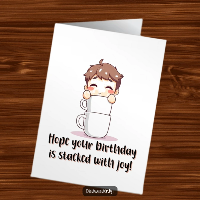 Funny Free Printable Birthday Card: Determined character carefully stacking clean mugs with focus, ready to make their birthday extraordinary.