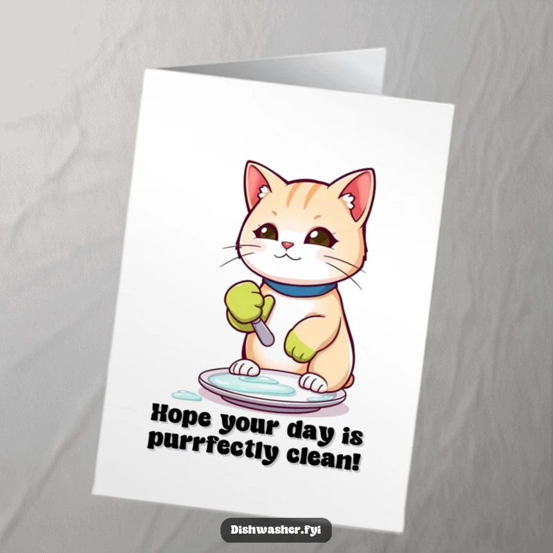 Funny Free Printable Birthday Card: A cat wearing a rubber glove, scrubbing a plate clean with a determined look, downloadable gift.