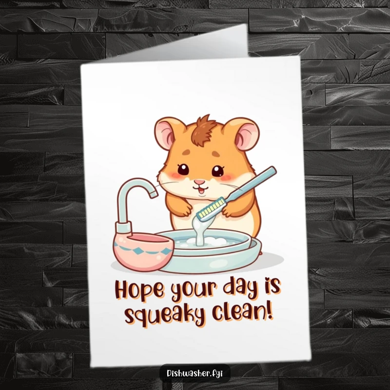 Funny Free Printable Birthday Card shows a determined hamster meticulously washing a plate with a miniature toothbrush, a tiny but mighty effort.
