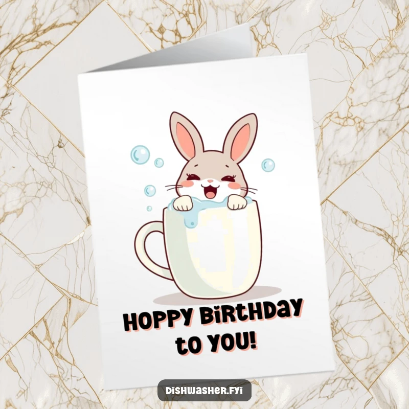 Funny Free Printable Birthday Card featuring a rabbit joyfully scrubbing bubbles off a mug, perfect for a clean and humorous celebration.