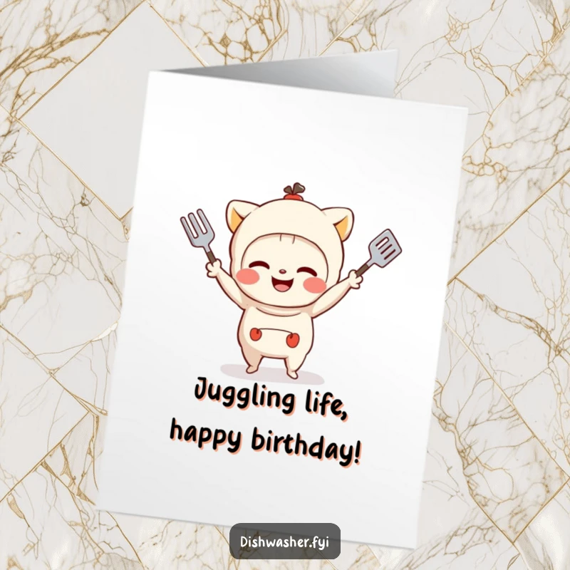 Funny Free Printable Birthday Card: Mischievous character grinning while juggling small kitchen utensils playfully.