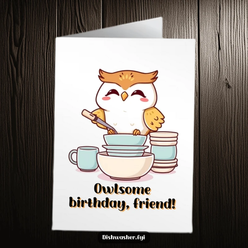 Funny Free Printable Birthday Card: Giggling owl meticulously stacking clean dishes with a goofy grin, perfect for a laugh.