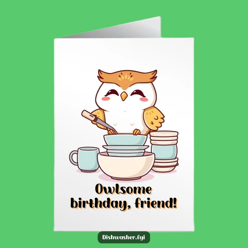 Free Printable Birthday Card: Giggling Owl Stacking Dishes Funny Downloadable Gift
