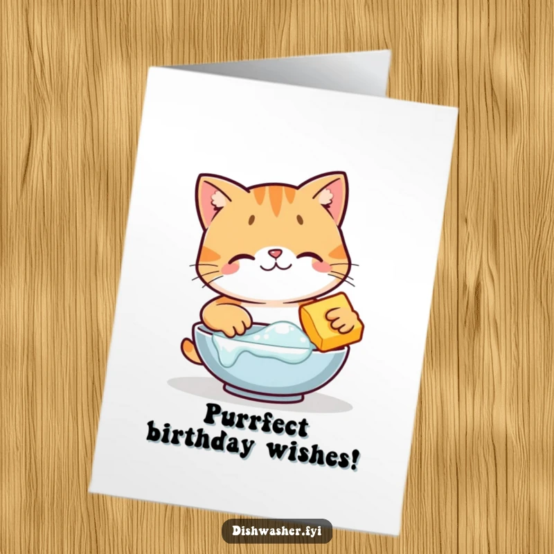 Funny free printable birthday card featuring a happy cat character enthusiastically scrubbing a dish with a bubbly sponge and a wide grin.