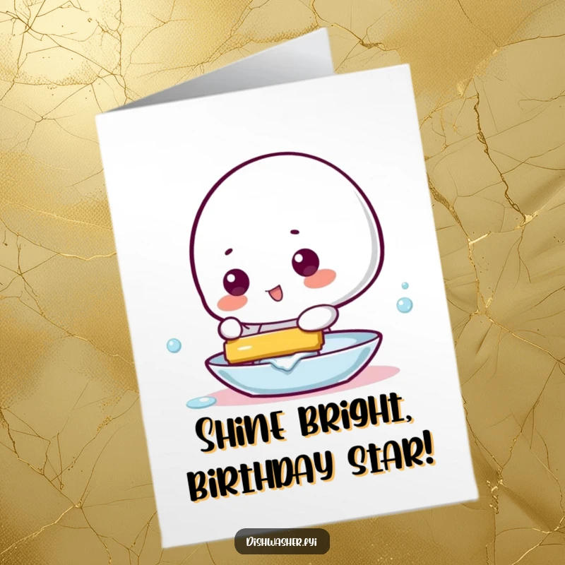 Funny Free Printable Birthday Card: Playful character making a dish gleam with a squeegee, a sparkling DIY gift.