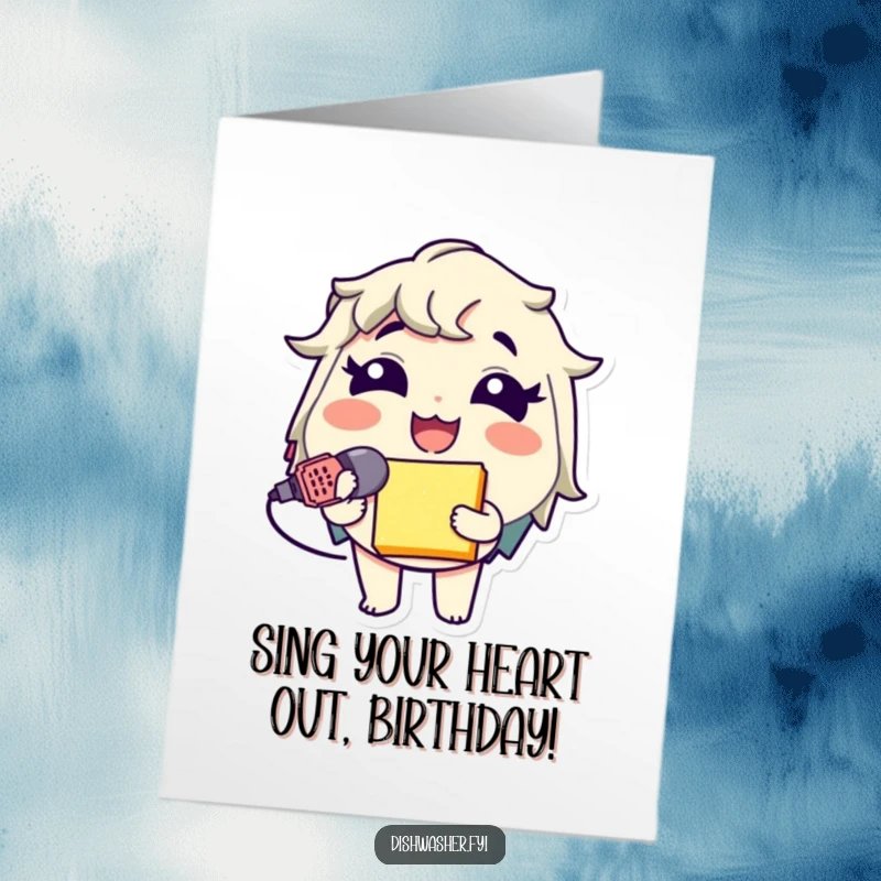 Funny Free Printable Sponge Mic Birthday Card: Giggling character sings into sponge microphone, party time, downloadable DIY gift.